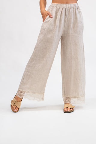 Pantalone 100% Lino con Pizzo beige|Colore:Beige