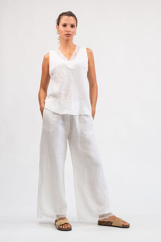 Pantalone 100% Lino con Pizzo bianco|Colore:Bianco