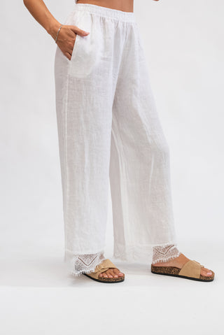 Pantalone 100% Lino con Pizzo bianco|Colore:Bianco