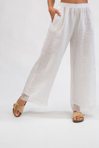Pantalone 100% Lino con Pizzo bianco|Colore:Bianco