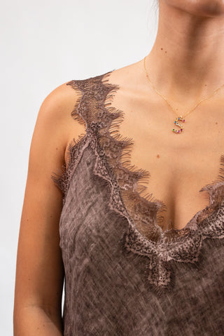 Canotta 100% Lino con Pizzo moro|Colore:Moro