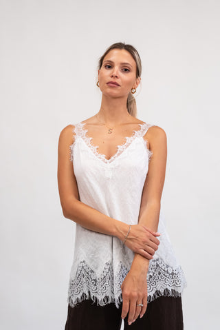 Canotta 100% Lino con Pizzo bianco|Colore:Bianco