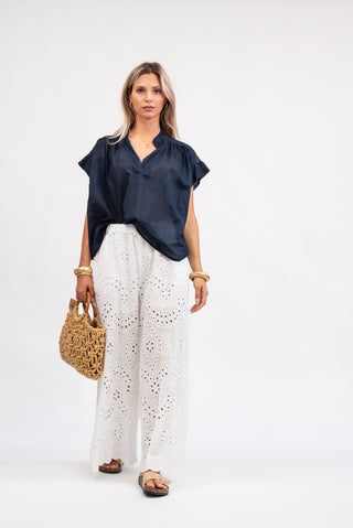 Blusa Cotone Scollo a V blu|Colore:Blu