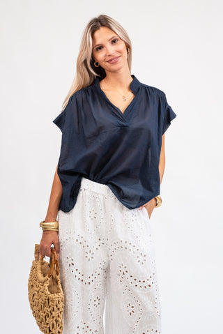 Blusa Cotone Scollo a V blu|Colore:Blu