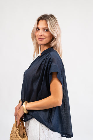 Blusa Cotone Scollo a V blu|Colore:Blu