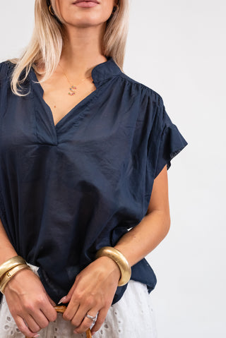 Blusa Cotone Scollo a V blu|Colore:Blu