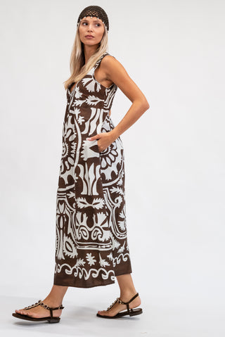 Abito Midi Fantasia con Tasche moro/panna|Colore:Moro/panna
