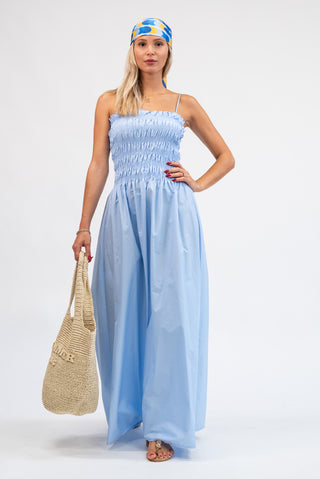 Abito Lungo con Corpino Arricciato celeste|Colore:Celeste
