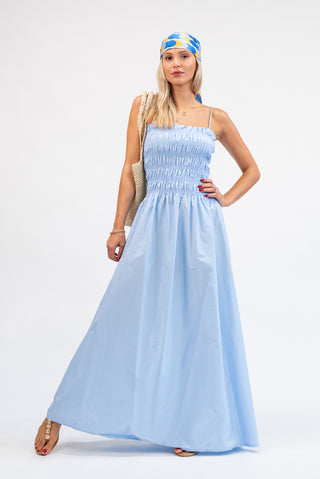 Abito Lungo con Corpino Arricciato celeste|Colore:Celeste