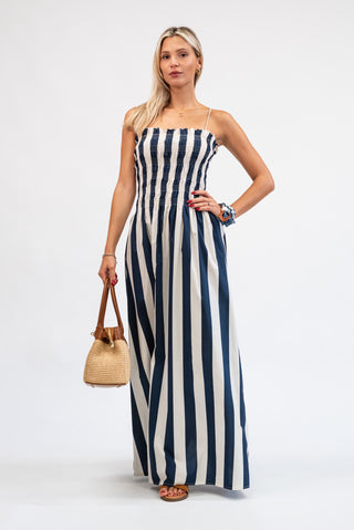 Abito Lungo Righe con Corpino Arricciato panna/blu|Colore:Panna/blu