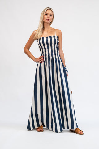Abito Lungo Righe con Corpino Arricciato panna/blu|Colore:Panna/blu