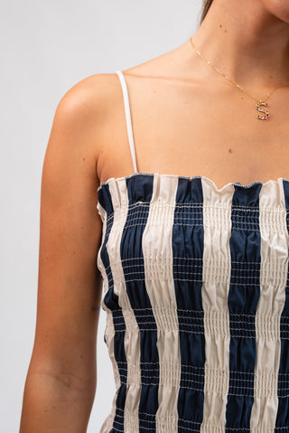 Abito Lungo Righe con Corpino Arricciato panna/blu|Colore:Panna/blu