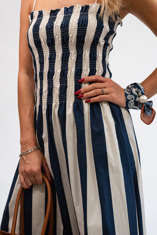 Abito Lungo Righe con Corpino Arricciato panna/blu|Colore:Panna/blu
