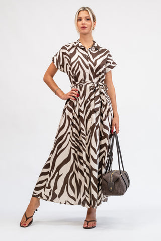 Abito Lungo Fantasia con Cintura beige/moro|Colore:Beige/moro