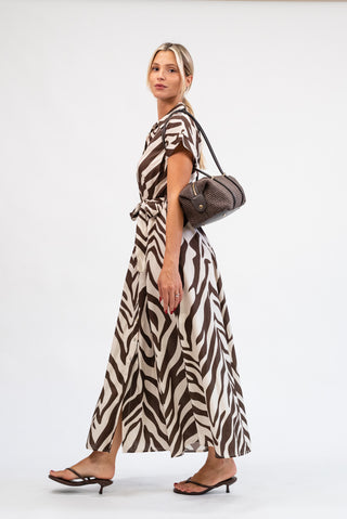 Abito Lungo Fantasia con Cintura beige/moro|Colore:Beige/moro