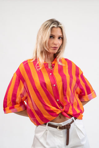 Camicia Coreana a Righe arancio/fuxia|Colore:Arancio/fuxia