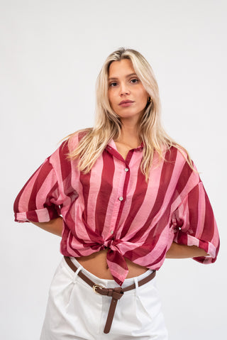 Camicia Coreana a Righe boerdeaux/rosa|Colore:Boerdeaux/rosa