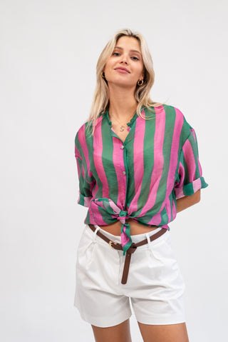 Camicia Coreana a Righe verde/rosa|Colore:Verde/rosa