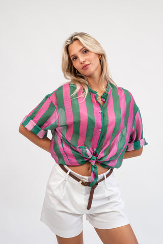 Camicia Coreana a Righe verde/rosa|Colore:Verde/rosa