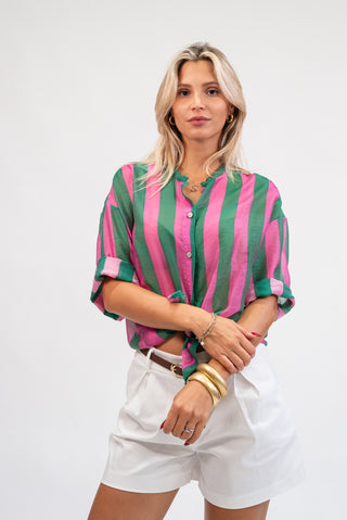 Camicia Coreana a Righe verde/rosa|Colore:Verde/rosa