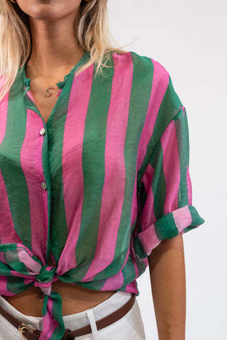 Camicia Coreana a Righe verde/rosa|Colore:Verde/rosa