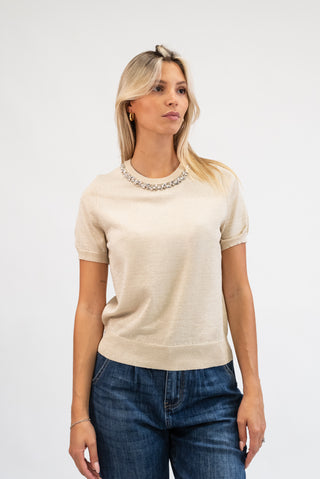 Maglia Lurex con Collo Gioiello beige|Colore:Beige