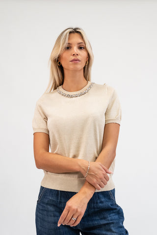 Maglia Lurex con Collo Gioiello beige|Colore:Beige