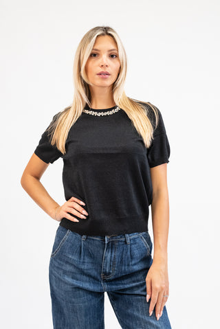 Maglia Lurex con Collo Gioiello nero|Colore:Nero