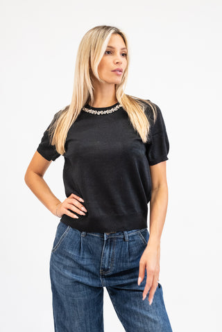 Maglia Lurex con Collo Gioiello nero|Colore:Nero