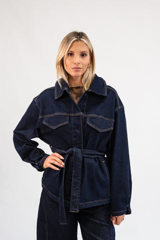 Giacca Denim con Cintura blu scuro|Colore:Blu scuro