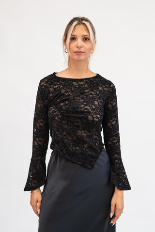 Maglia Pizzo Drappeggiata nero|Colore:Nero