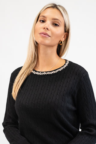 Maglia Trecce Collo Gioiello nero|Colore:Nero