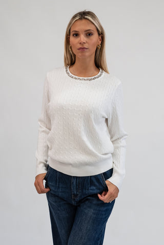 Maglia Trecce Collo Gioiello bianco|Colore:Bianco