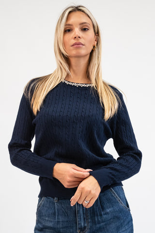 Maglia Trecce Collo Gioiello blu|Colore:Blu