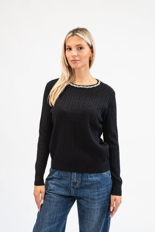 Maglia Trecce Collo Gioiello nero|Colore:Nero