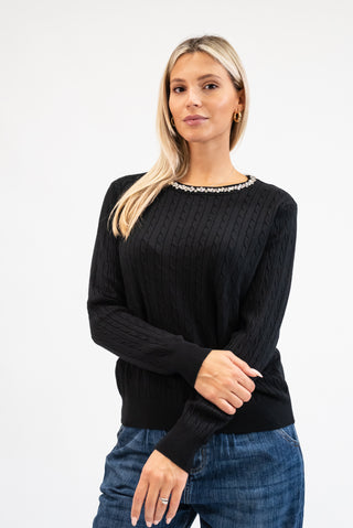 Maglia Trecce Collo Gioiello nero|Colore:Nero