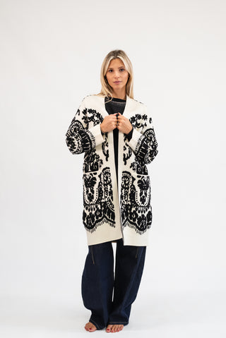 Cardigan Lungo Floreale panna/nero|Colore:Panna/nero
