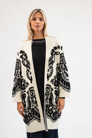 Cardigan Lungo Floreale panna/nero|Colore:Panna/nero