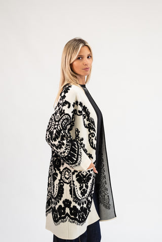 Cardigan Lungo Floreale panna/nero|Colore:Panna/nero