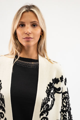 Cardigan Lungo Floreale panna/nero|Colore:Panna/nero