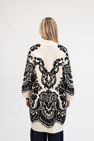 Cardigan Lungo Floreale panna/nero|Colore:Panna/nero