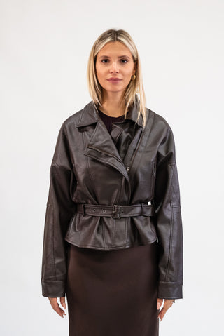 Giubbotto Ecopelle con Cintura moro|Colore:Moro