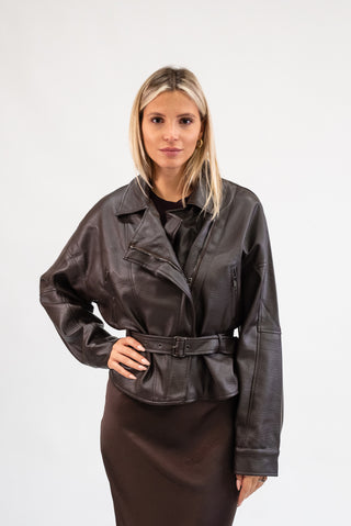 Giubbotto Ecopelle con Cintura moro|Colore:Moro
