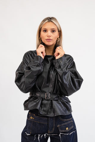 Giubbotto Ecopelle con Cintura nero|Colore:Nero