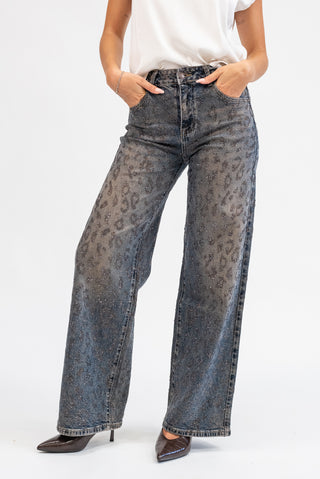Jeans Wide Leg Animalier Strass ruggine|Colore:Ruggine