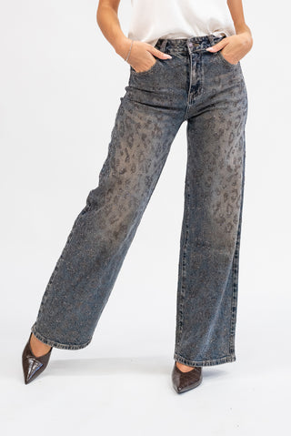 Jeans Wide Leg Animalier Strass ruggine|Colore:Ruggine