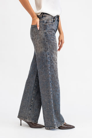Jeans Wide Leg Animalier Strass ruggine|Colore:Ruggine