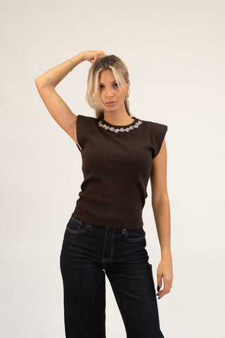 Maglia Smanicata Collo Gioiello moro|Colore:Moro