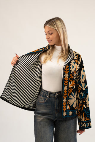 Giacca Velluto Suzani con Tasche nero/beige|Colore:Nero/beige