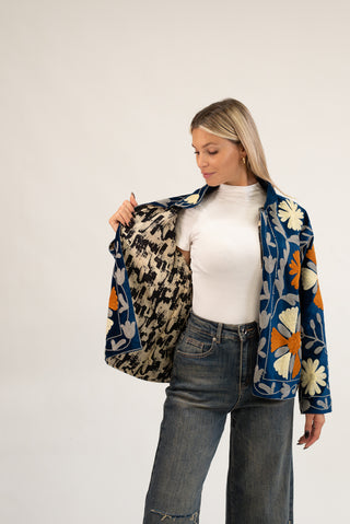 Giacca Velluto Suzani con Tasche blu/coccio|Colore:Blu/coccio